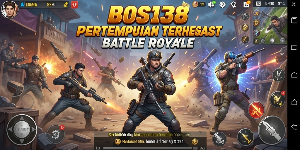 Screenshot utama BOS138 menunjukkan aksi pertempuran yang mendebarkan dalam game Battle Royale.