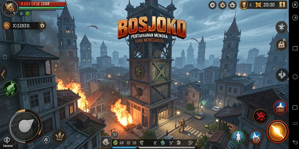 Screenshot gameplay BOSJOKO yang menunjukkan pertarungan seru di menara.