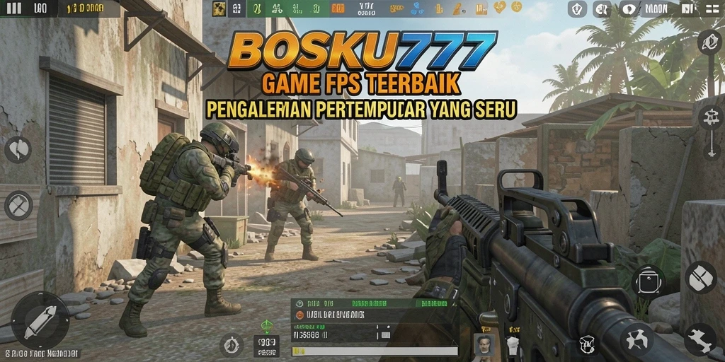 Screenshot utama BOSKU777 menampilkan aksi pertempuran intens di tengah arena.