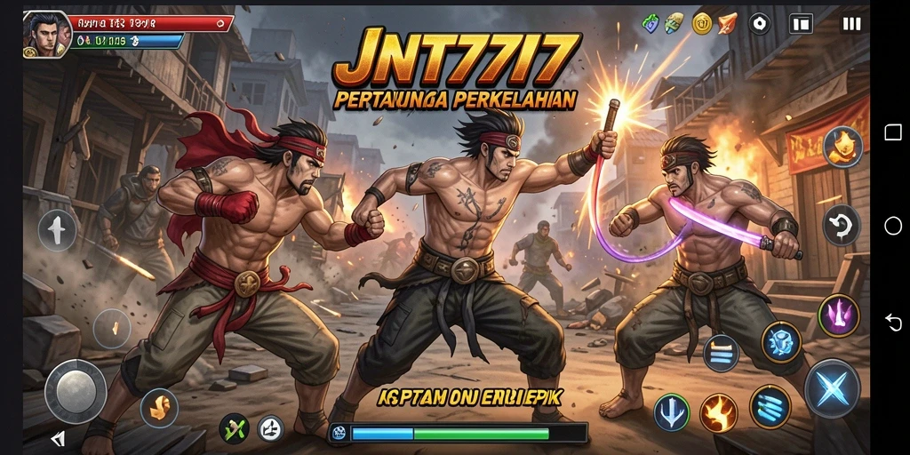 Screenshot JNT777 menampilkan pertarungan seru antara dua karakter.