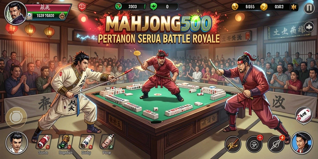 Screenshot MAHJONG500 menampilkan aksi seru dalam pertempuran Battle Royale.