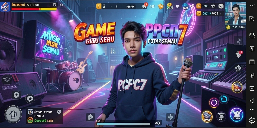 Tampilan gameplay PCPC7 dengan berbagai alat musik virtual.
