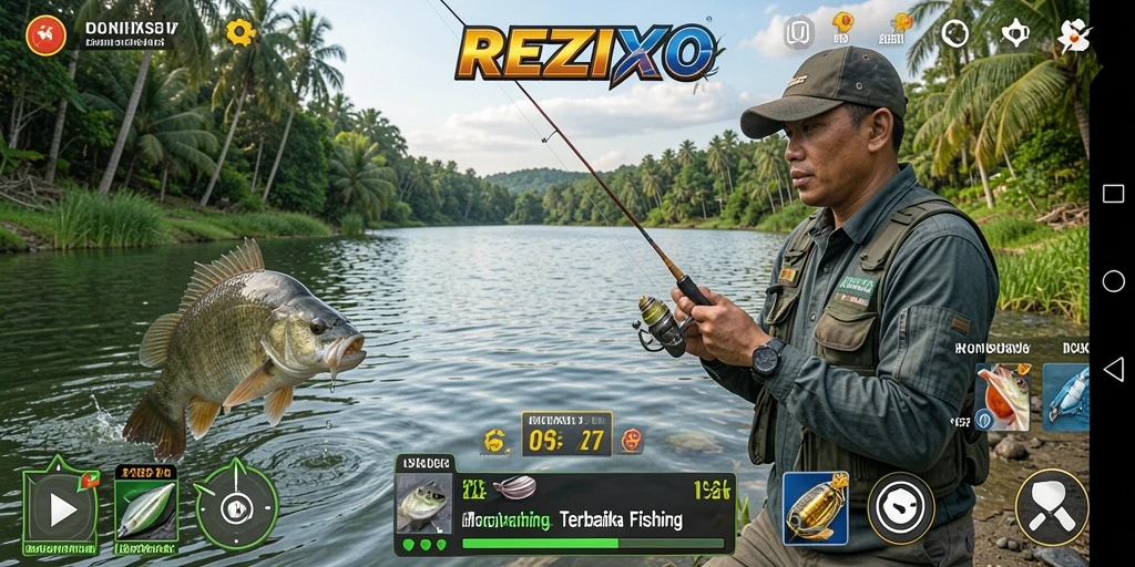 Gameplay <strong>REZIXO</strong> yang menampilkan aksi memancing yang seru dan mendebarkan.