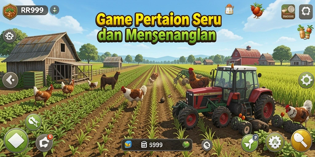 Screenshot gameplay RR999 menunjukkan lahan pertanian yang subur dan hewan ternak yang sehat.