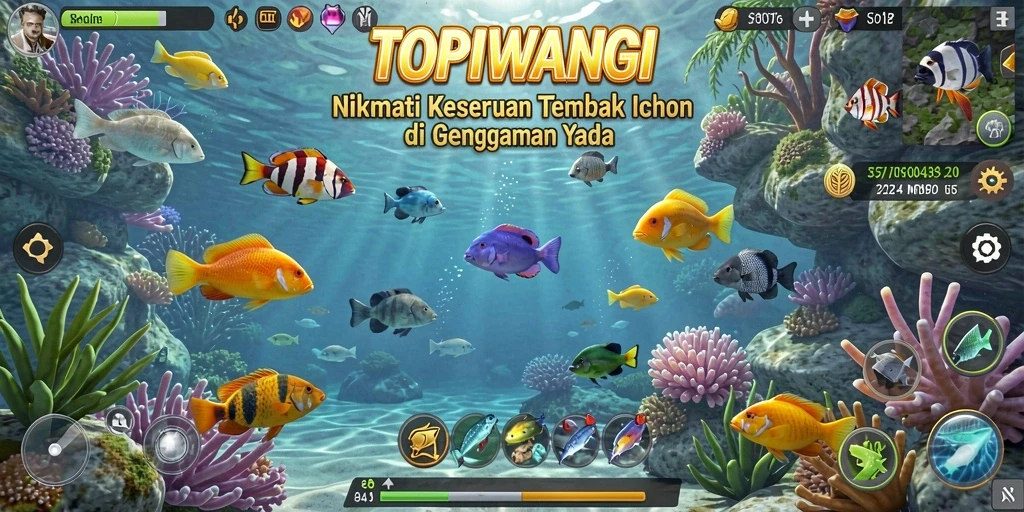 Screenshot gameplay TOPIWANGI menunjukkan aksi menembak ikan yang seru.