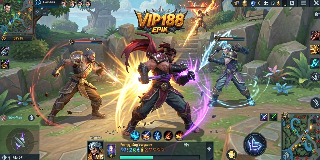 Screenshot gameplay <strong>VIP188</strong> menampilkan aksi pertarungan tim yang intens.